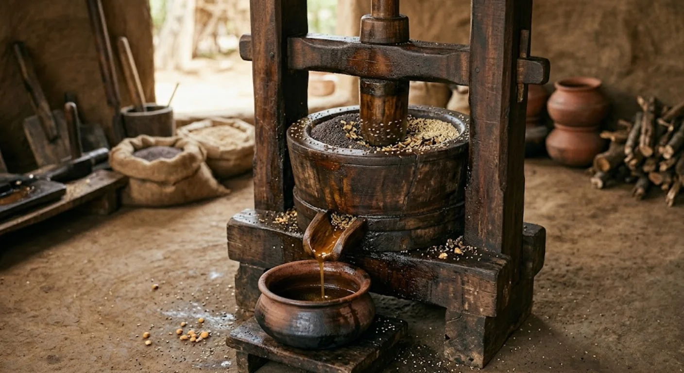 Traditional kachi ghani cold pressing method for extracting oil from seeds
