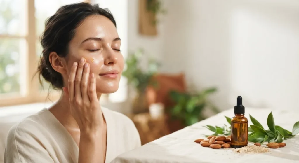 Woman applying cold pressed face oil to her cheek for naturally glowing skin