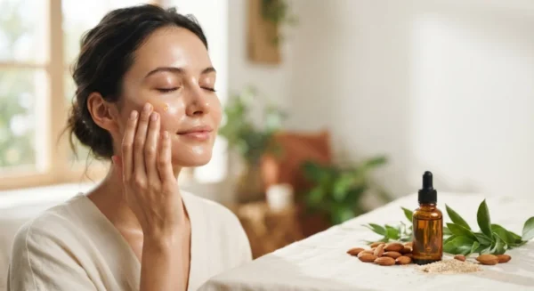Woman applying cold pressed face oil to her cheek for naturally glowing skin